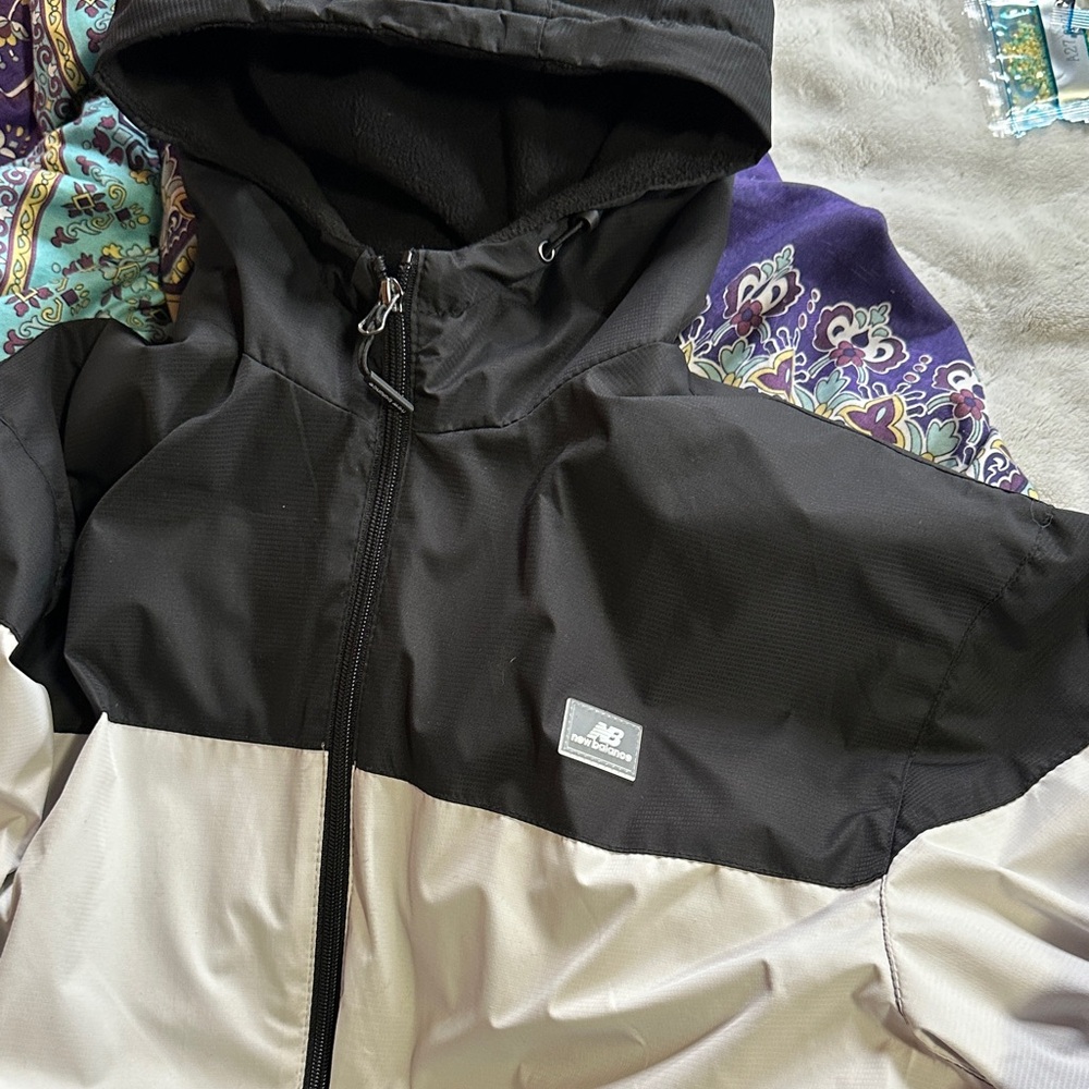 New Balance  Black and Cream Hooded Rain Jacket